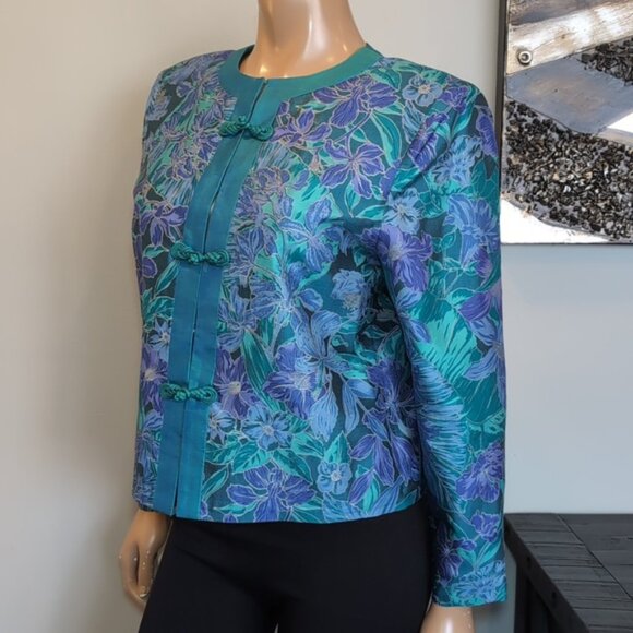 Vintage 80s Asian Blazer Jacket Satin Floral Frog Button Mandarin Collar Teal - Picture 4 of 11